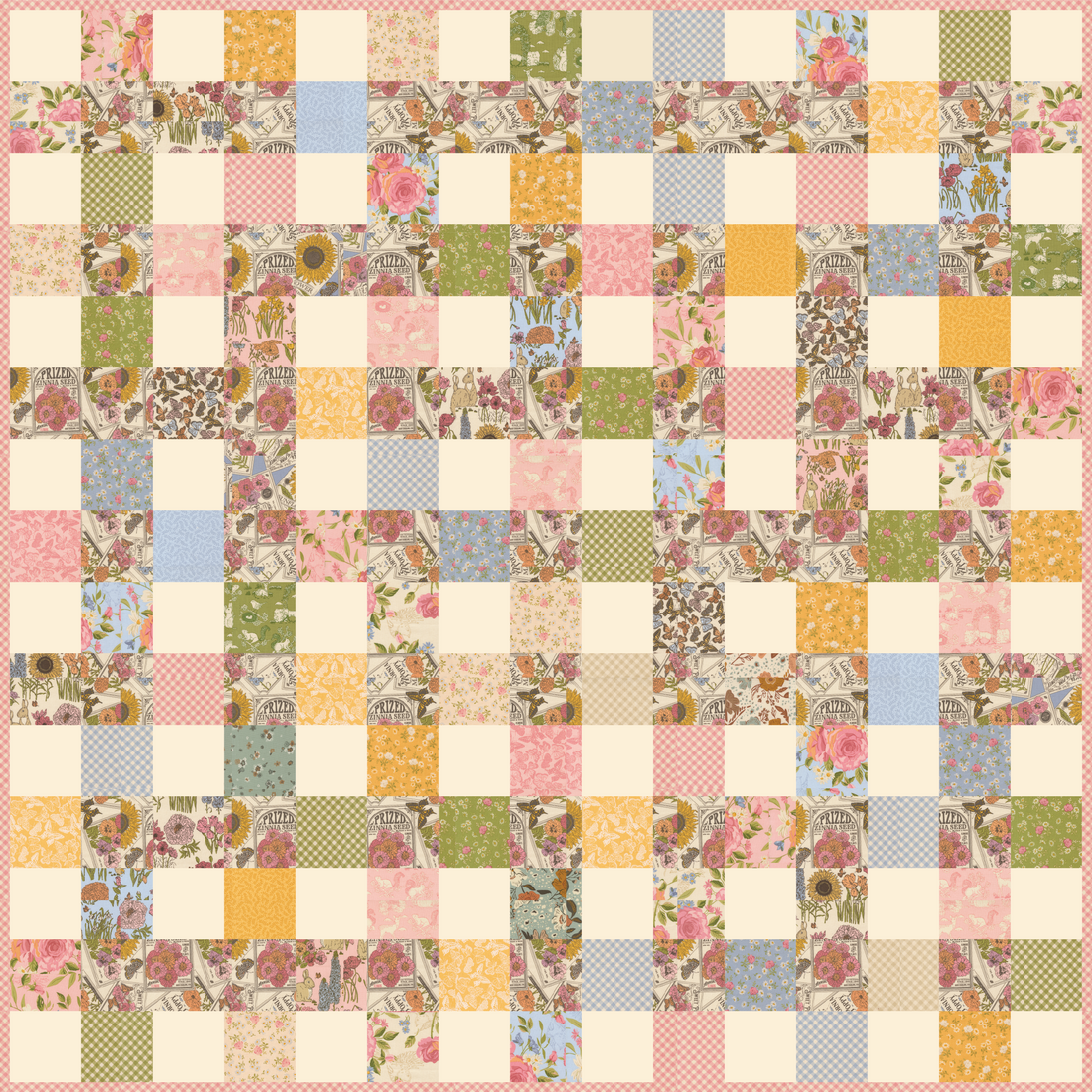 My Secret Garden Picnic Blanket quilt kit by Stacy Iest Hsu for Moda, charm squares on Bella Eggshell with Seeds of Love Cloud accent and Garden Gingham Blossom binding