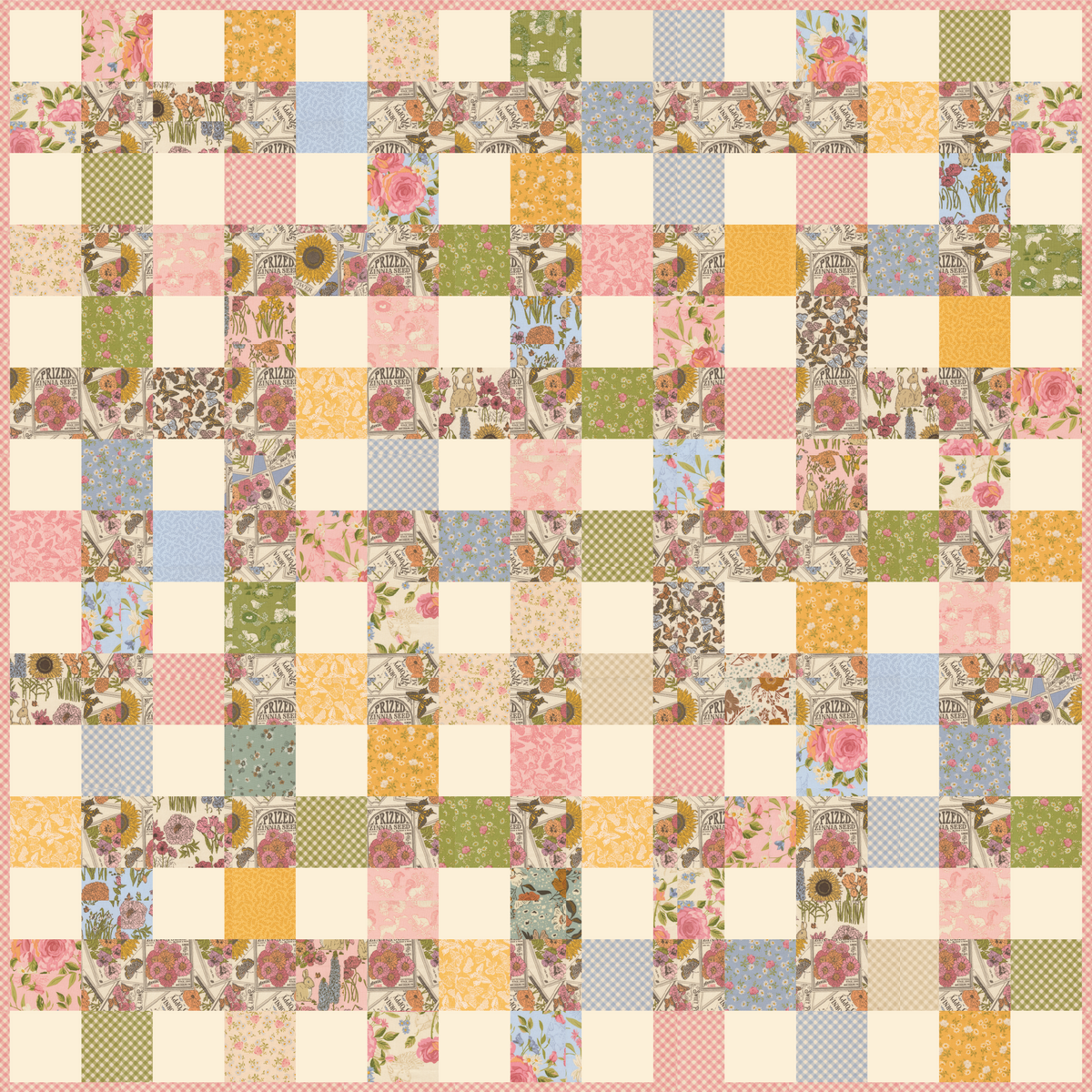 My Secret Garden Picnic Blanket quilt kit by Stacy Iest Hsu for Moda, charm squares on Bella Eggshell with Seeds of Love Cloud accent and Garden Gingham Blossom binding