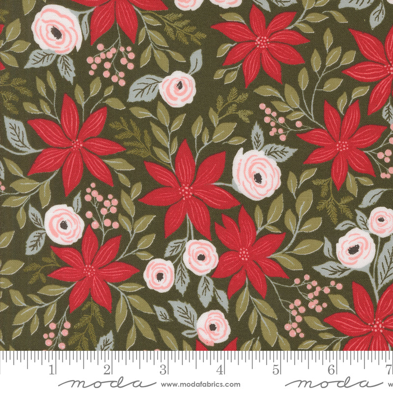 Berry and Pine Pine dark green poinsettia floral fabric by Lella Boutique for Moda, 5240 13