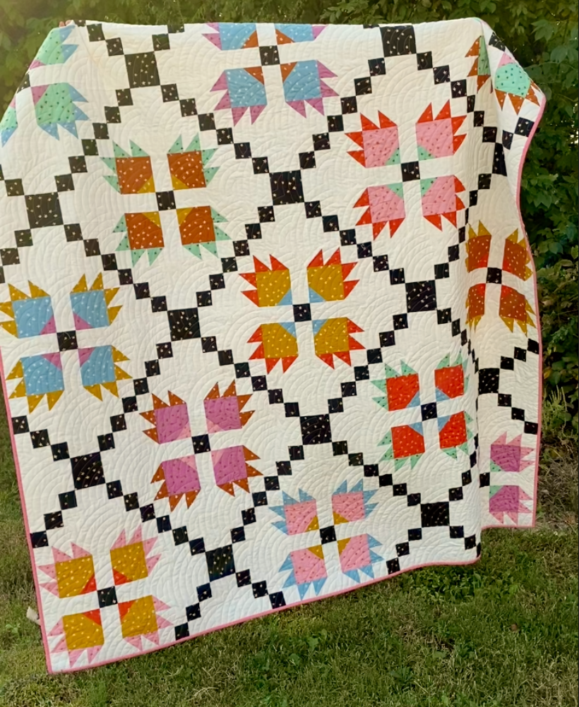 Archie quilt with Bear Paw blocks and a black chain on a cream background