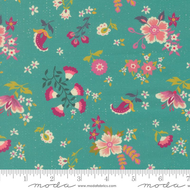 Sitara Davina Blue Chill turquoise floral fabric by Crystal Manning for Moda, 11982 16