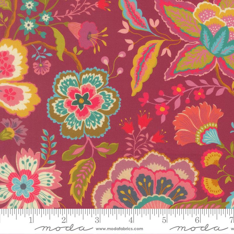 Sitara Jasmine Rose Wine dark pink floral fabric by Crystal Manning for Moda, 11980 20