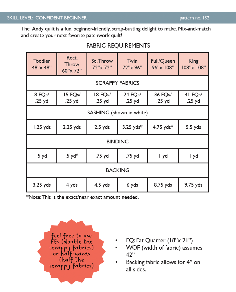 Andy quilt pattern fabric requirements chart for all six sizes