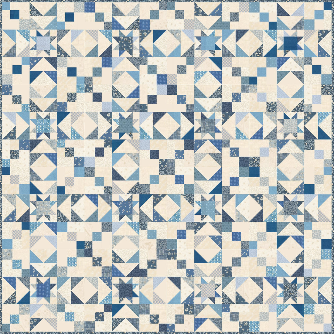 Blue Skies Shine So Bright quilt kit with blue Moda fat quarters and a cream half yard background, quilt pattern by Allison Ramsing