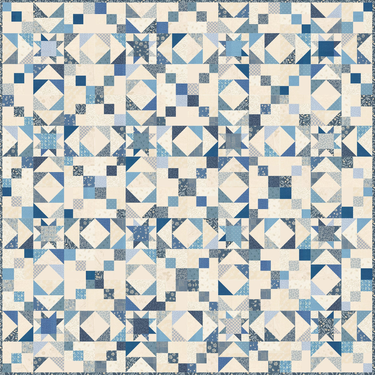 Blue Skies Shine So Bright quilt kit with blue Moda fat quarters and a cream half yard background, quilt pattern by Allison Ramsing