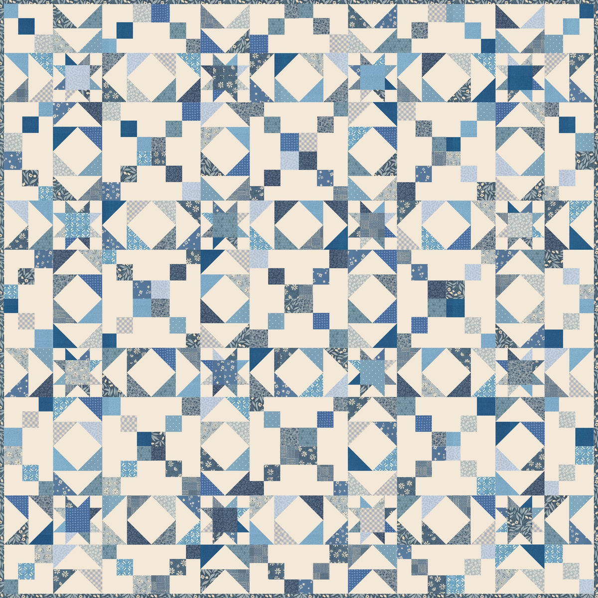 Blue Skies Shine So Bright quilt kit with blue Moda fat quarters and a Bella Eggshell solid background