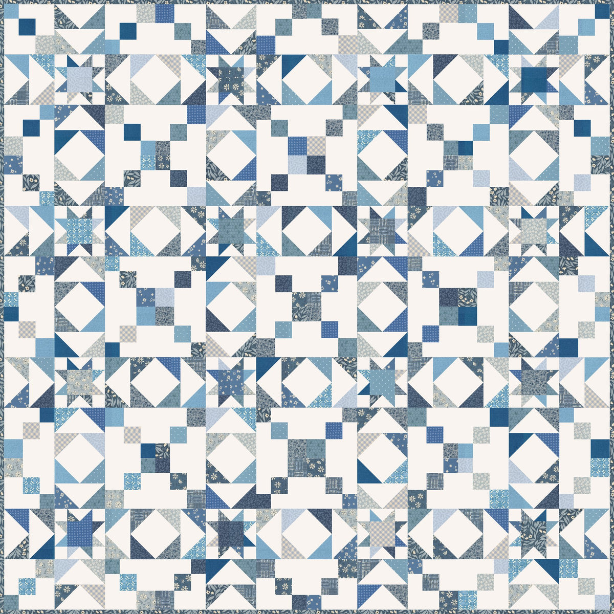 Blue Skies Shine So Bright quilt kit with blue Moda fat quarters and a Bella Off White solid background