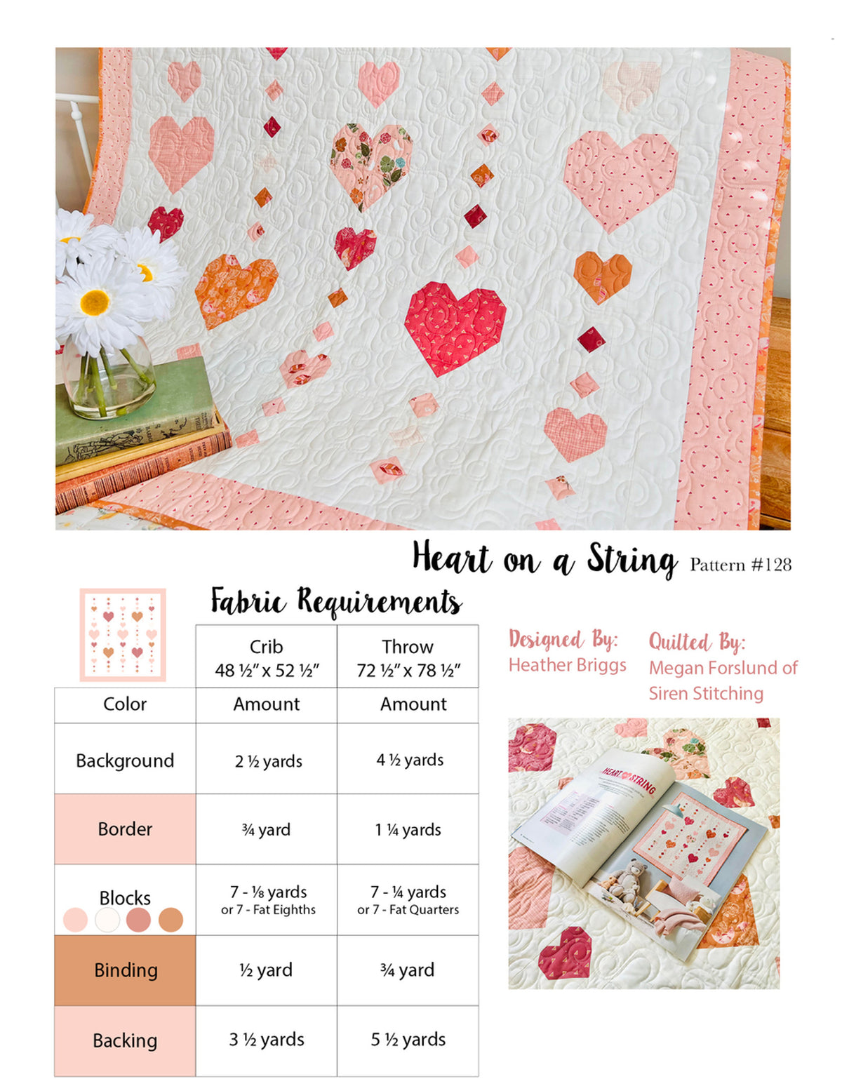Heart on a String pattern back cover with fabric requirements