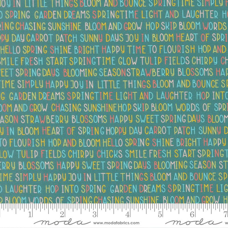 Hop Into Spring Teal words of spring fabric by Elena Amo for Moda, 39096 17