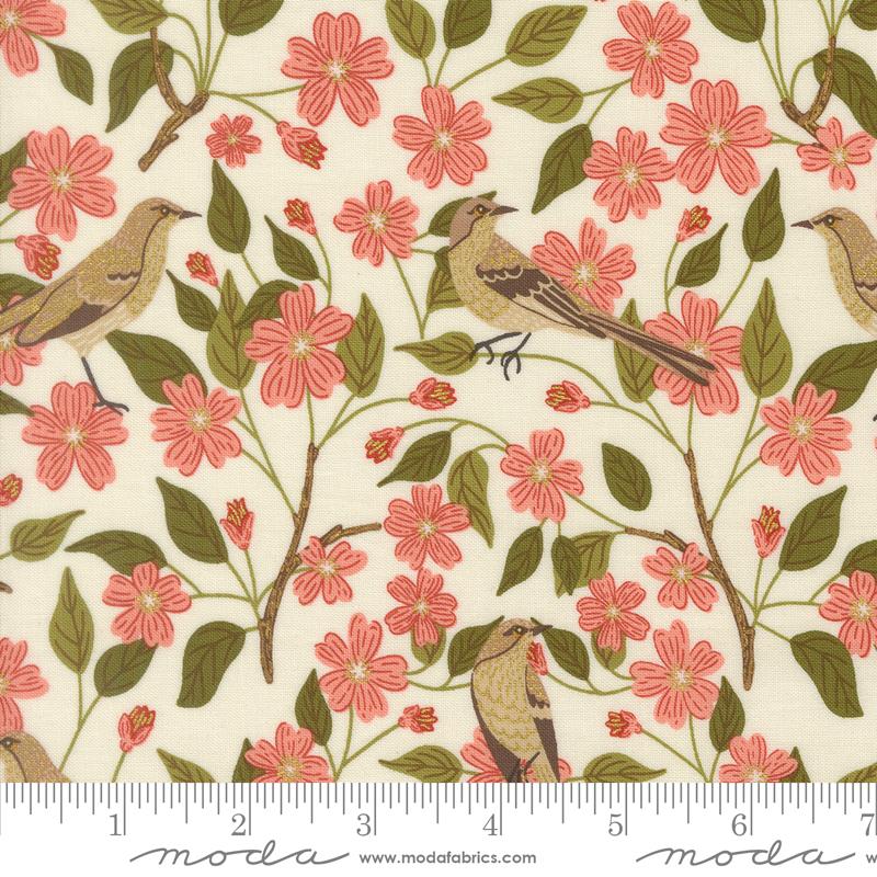 Ladybug Whimsy Eggshell blossoms and birds metallic fabric by Gingiber for Moda, 48441 11M