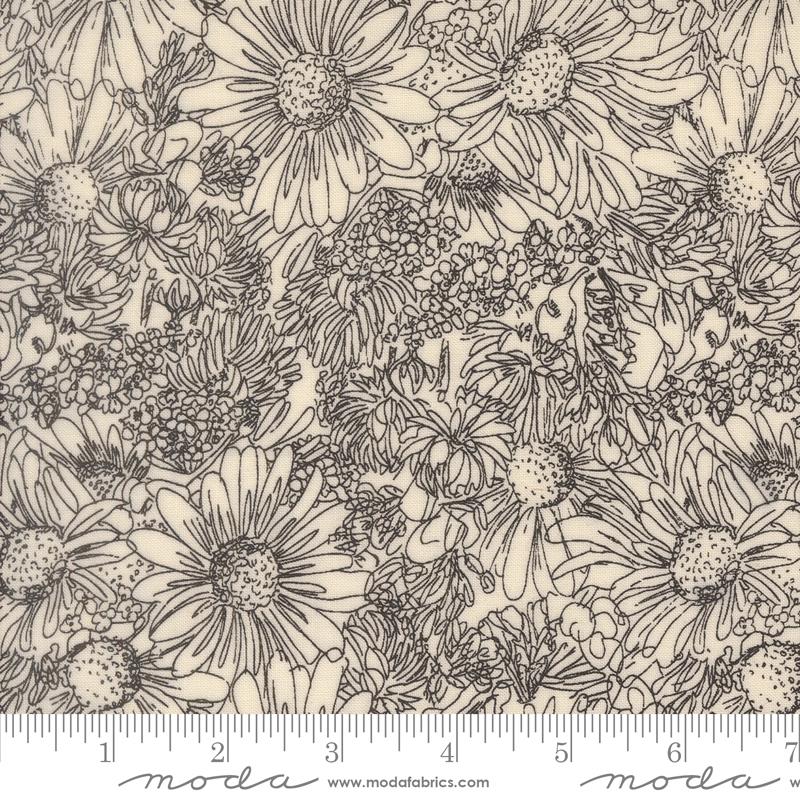 Ladybug Whimsy Eggshell pen and ink flowers fabric by Gingiber for Moda, 48444 11