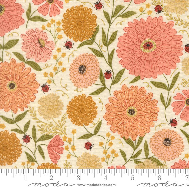 Ladybug Whimsy Eggshell zinnias and ladybugs metallic fabric by Gingiber for Moda, 48440 11M