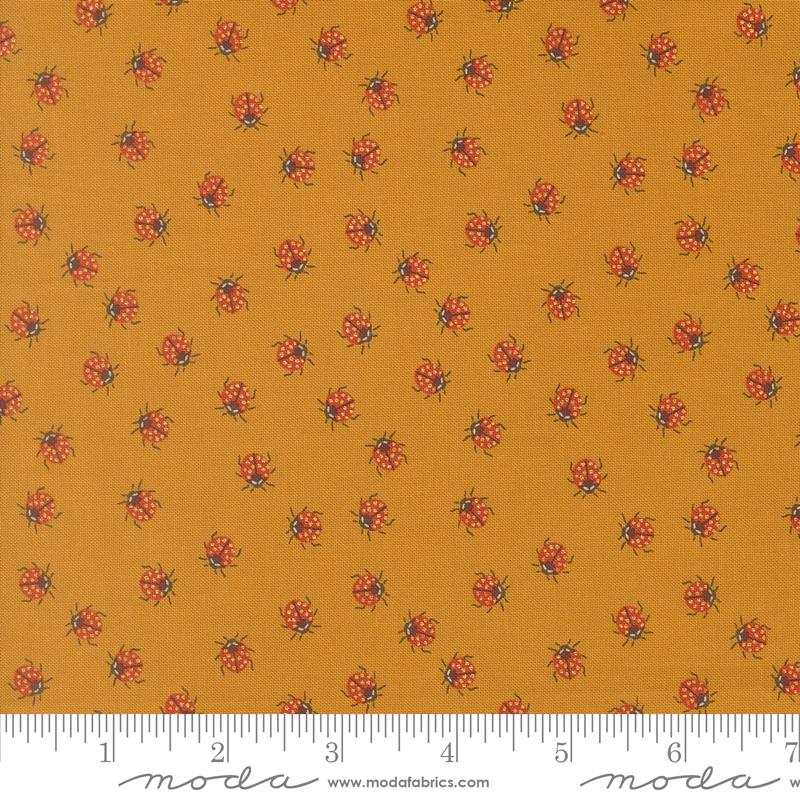 Ladybug Whimsy Golden little ladybugs metallic fabric by Gingiber for Moda, 48446 14M