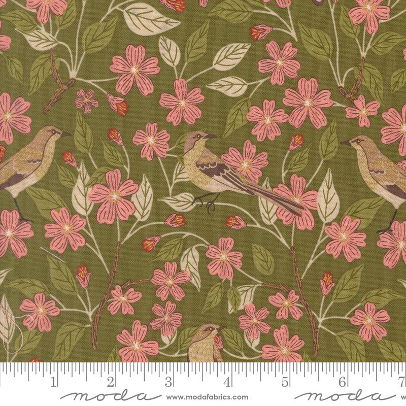 Ladybug Whimsy Grass blossoms and birds metallic fabric by Gingiber for Moda, 48441 17M