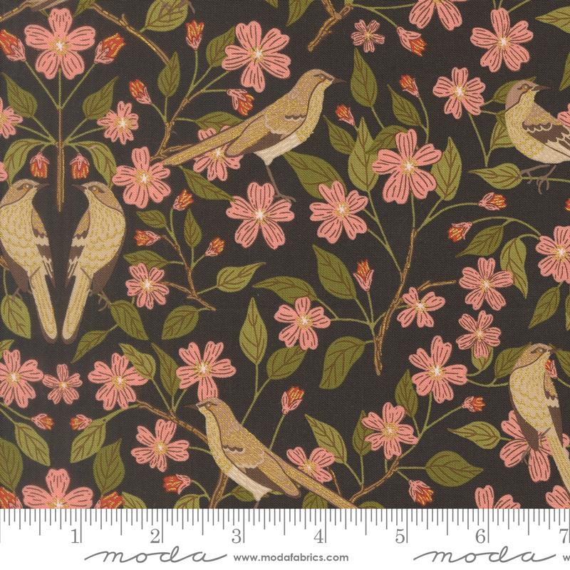 Ladybug Whimsy Midnight blossoms and birds metallic fabric by Gingiber for Moda, 48441 18M