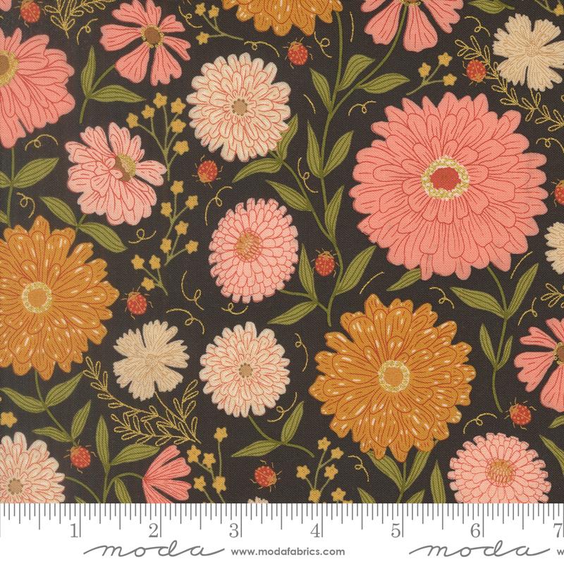 Ladybug Whimsy Midnight zinnias and ladybugs metallic fabric by Gingiber for Moda, 48440 18M