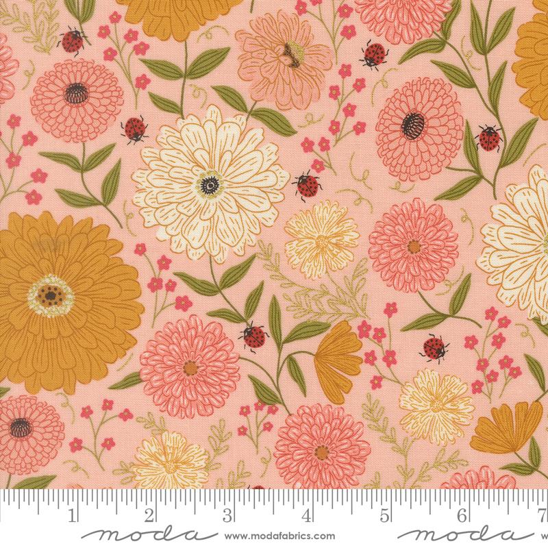 Ladybug Whimsy Pretty Pink zinnias and ladybugs metallic fabric by Gingiber for Moda, 48440 15M